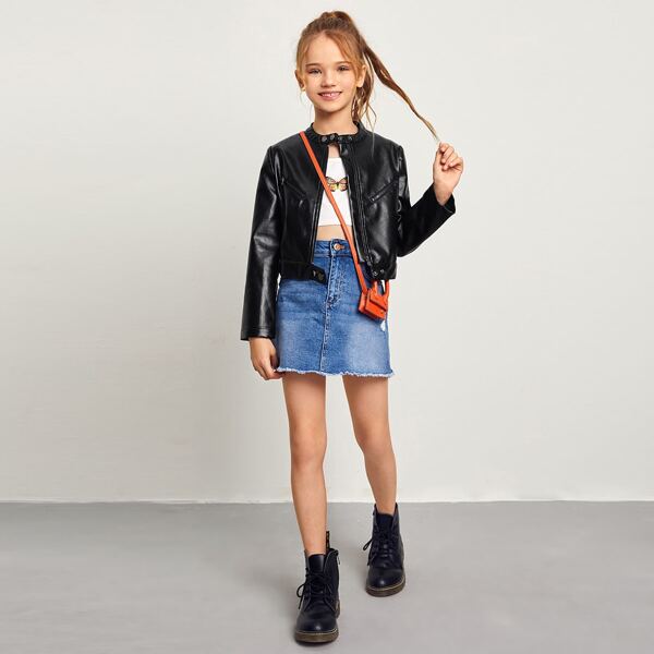 

Girls Zipper Fly PU Leather Moto Jacket, Black