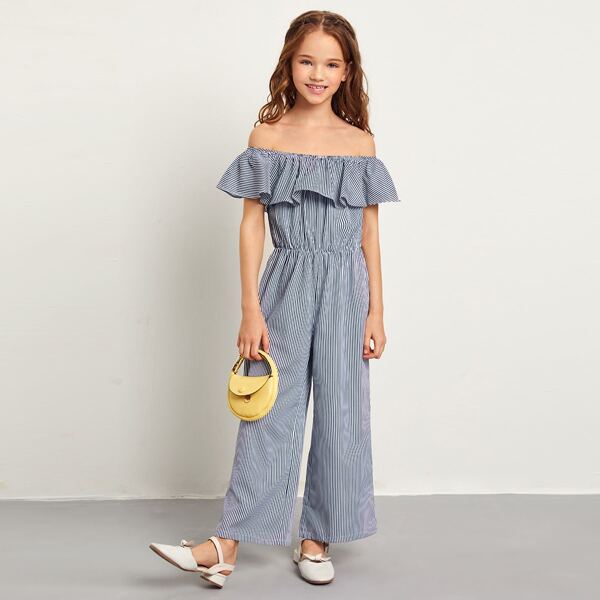 

Girls Flounce Off Shoulder Striped Wide Leg Jumpsuit, Blue and white