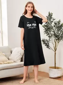 Letter & Cartoon Graphic Night Dress - Black - View 1