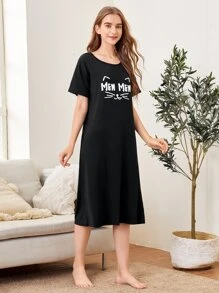 Letter & Cartoon Graphic Night Dress - Black - View 3
