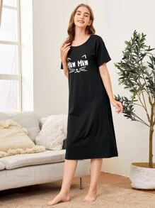 Letter & Cartoon Graphic Night Dress - Black - View 5