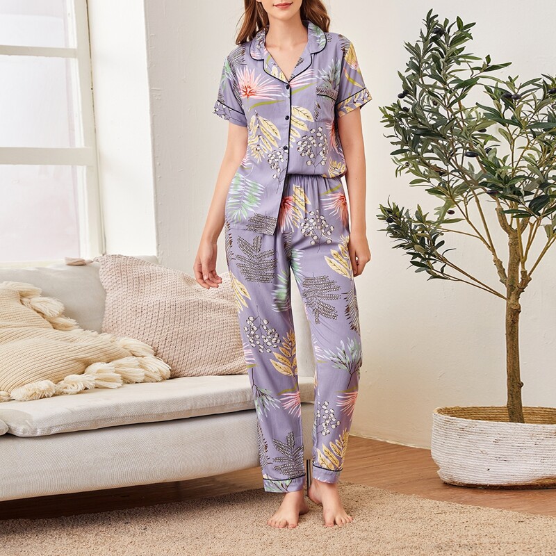 

Tropical Print Pocket Front Lapel Neck PJ Set, Lilac purple