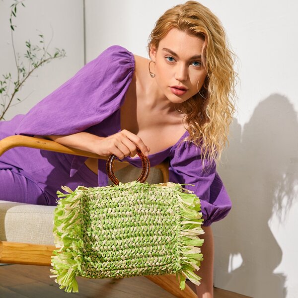 

Round Handle Fringe Trim Woven Satchel Bag, Green