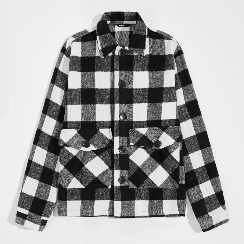 

Guys Flap Pocket Buffalo Plaid Coat, Black and white