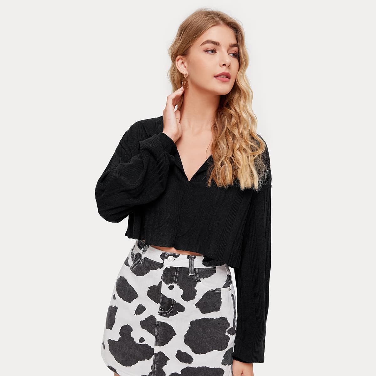

Rib-knit Lantern Sleeve Crop Tee, Black