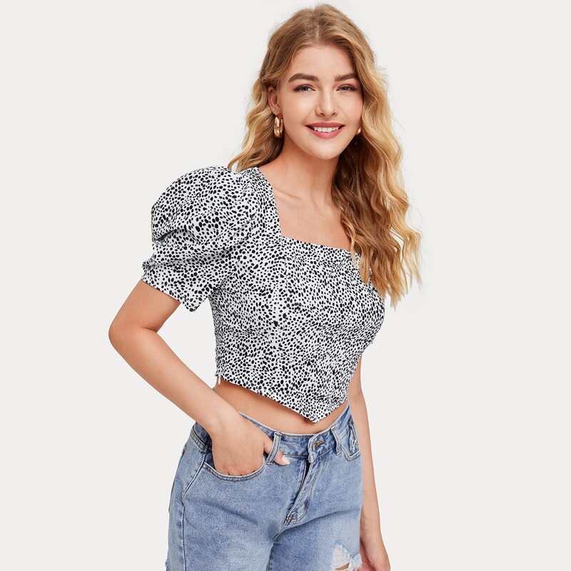 

Zipper Side Puff Sleeve Dalmatian Print Crop Top, Black and white