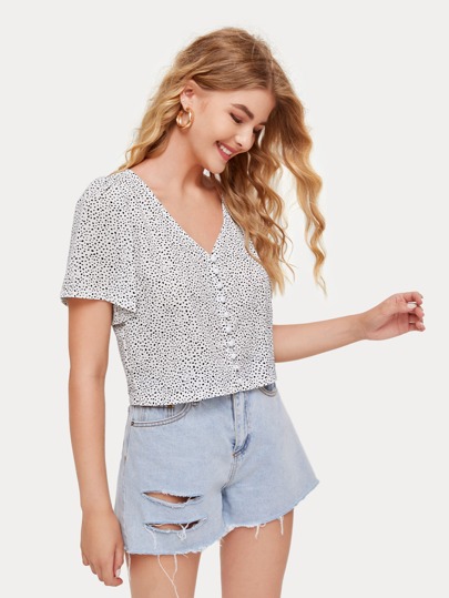 Speckled Print Faux Pearl Button Top