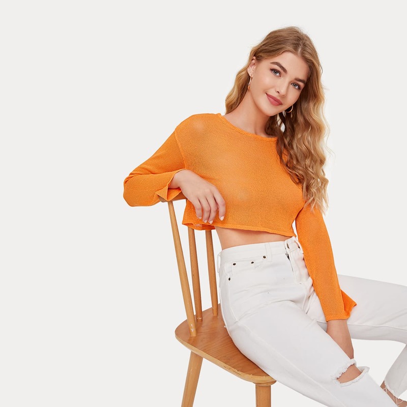 

Drop Shoulder Sheer Crop Sweater, Orange