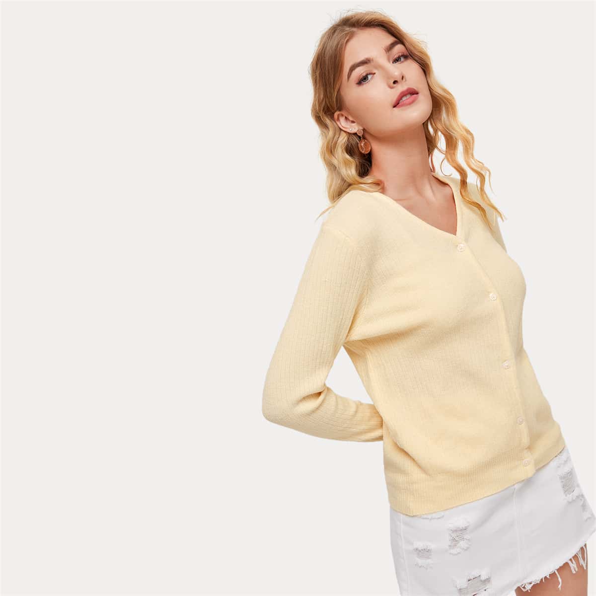 

Solid Button Up Cardigan, Beige