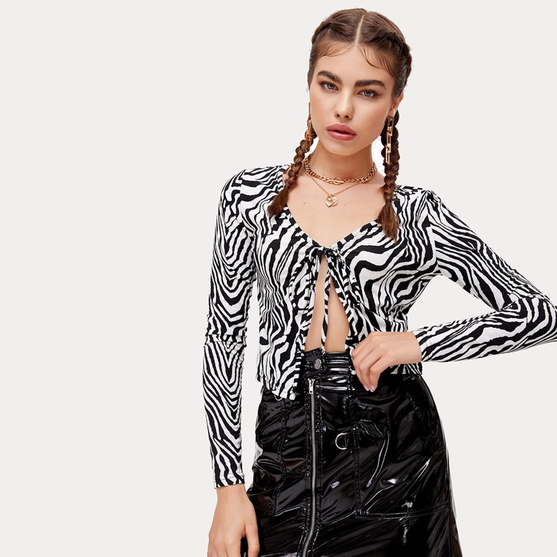 

Tie Front Zebra Striped Top, Black and white