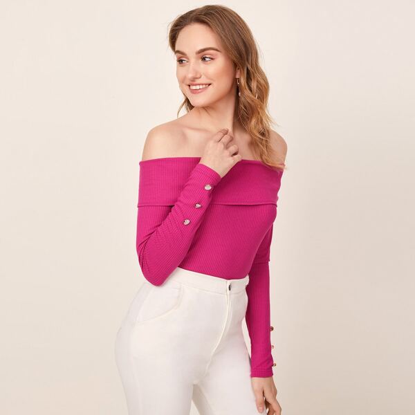

Button Cuff Foldover Off Shoulder Rib-knit Top, Pink