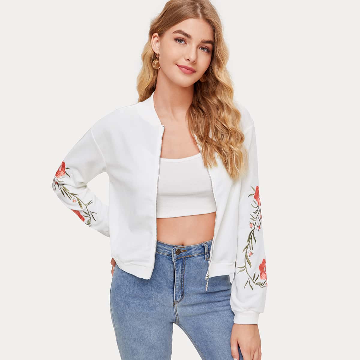 

Embroidered Floral Detail O-ring Zip Up Bomber Jacket, White