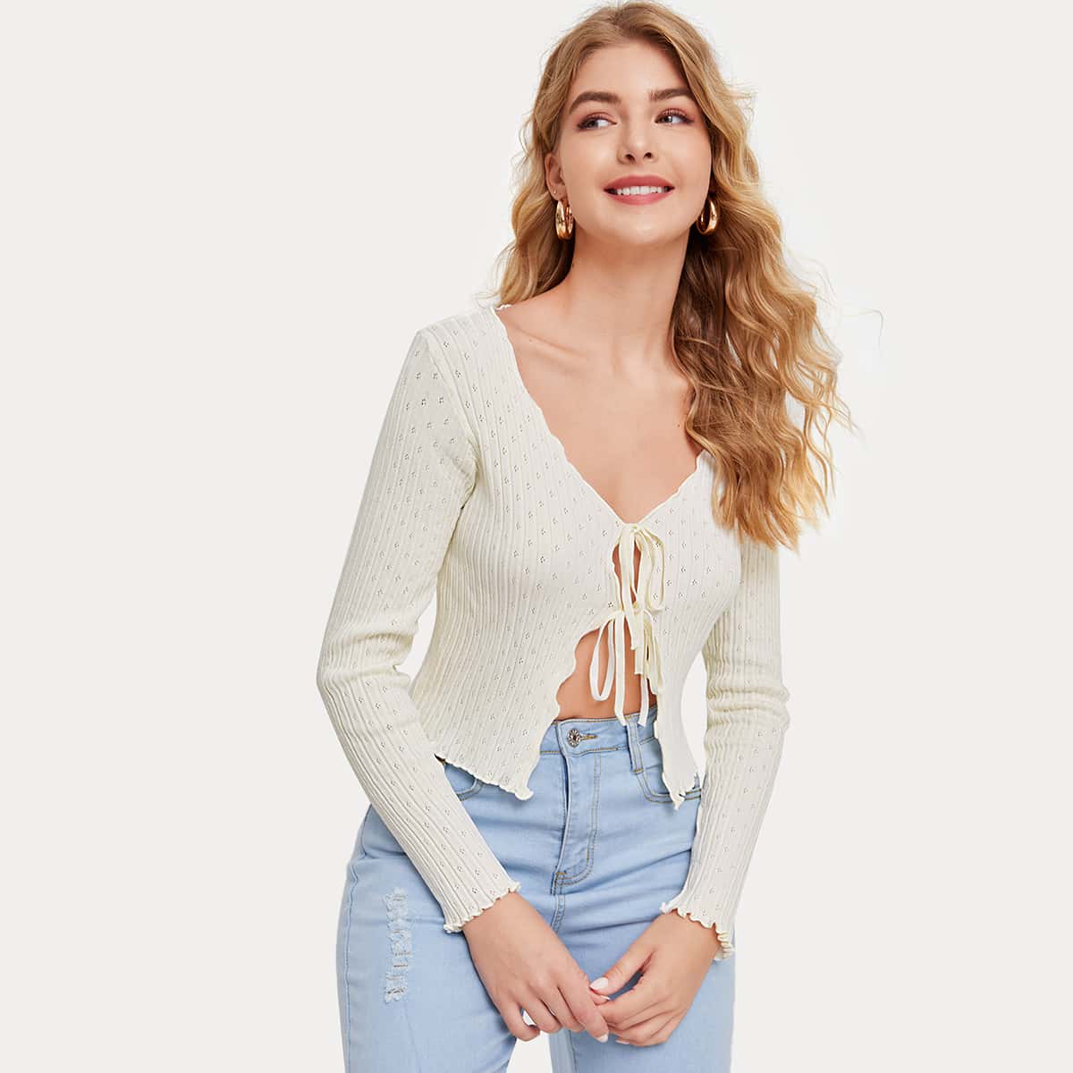 

Knot Front Pointelle Knit Cardigan, Beige