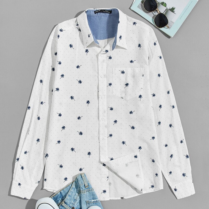 

Guys Plants Print Pocket Front Shirt, White