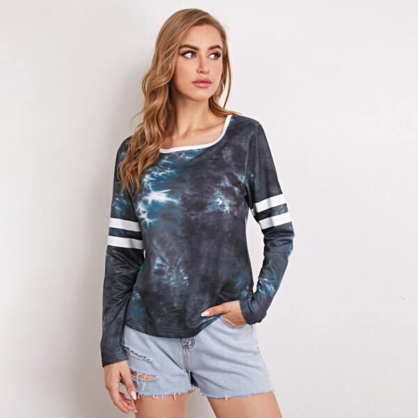 

Tie Dye Striped Print Long Sleeve Tee, Multicolor