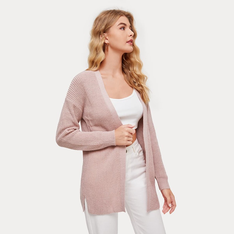 

Split Side Ribbed Knit Cardigan, Dusty pink