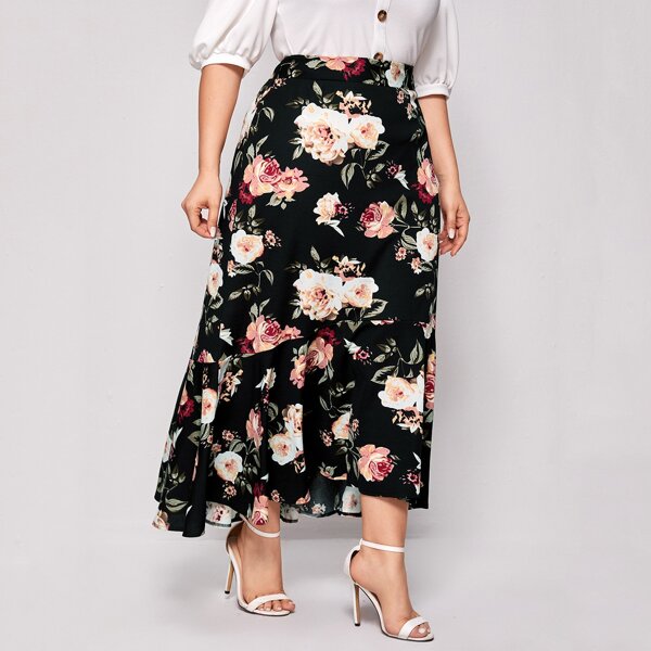 

Plus Floral Print Ruffle Hem Skirt, Black