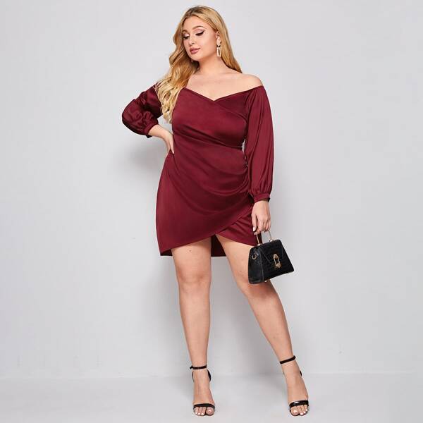 

Plus Off Shoulder Balloon Sleeve Wrap Satin Dress, Maroon