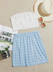 Romwe Girls 2 Piece Outfit Plaid Crop Cami and Bodycon Skirts Set Dress