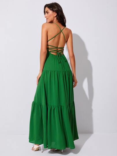 SHEIN VCAY Lace Up Backless Flounce Hem Cami Dress