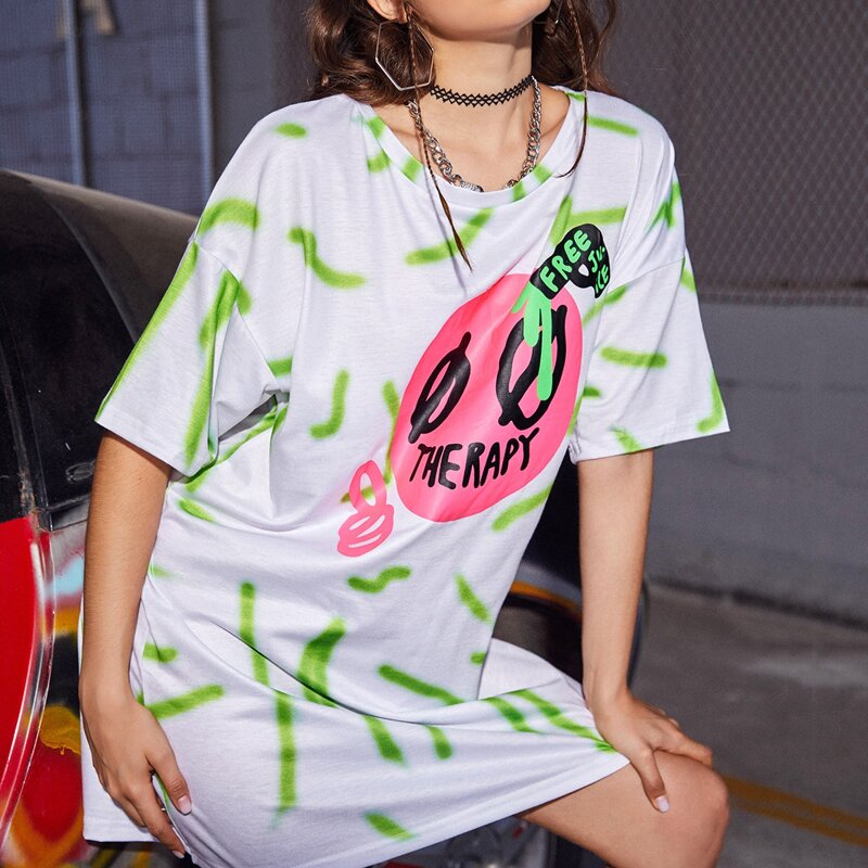 

Drop Shoulder Letter Graphic Dress, Multicolor