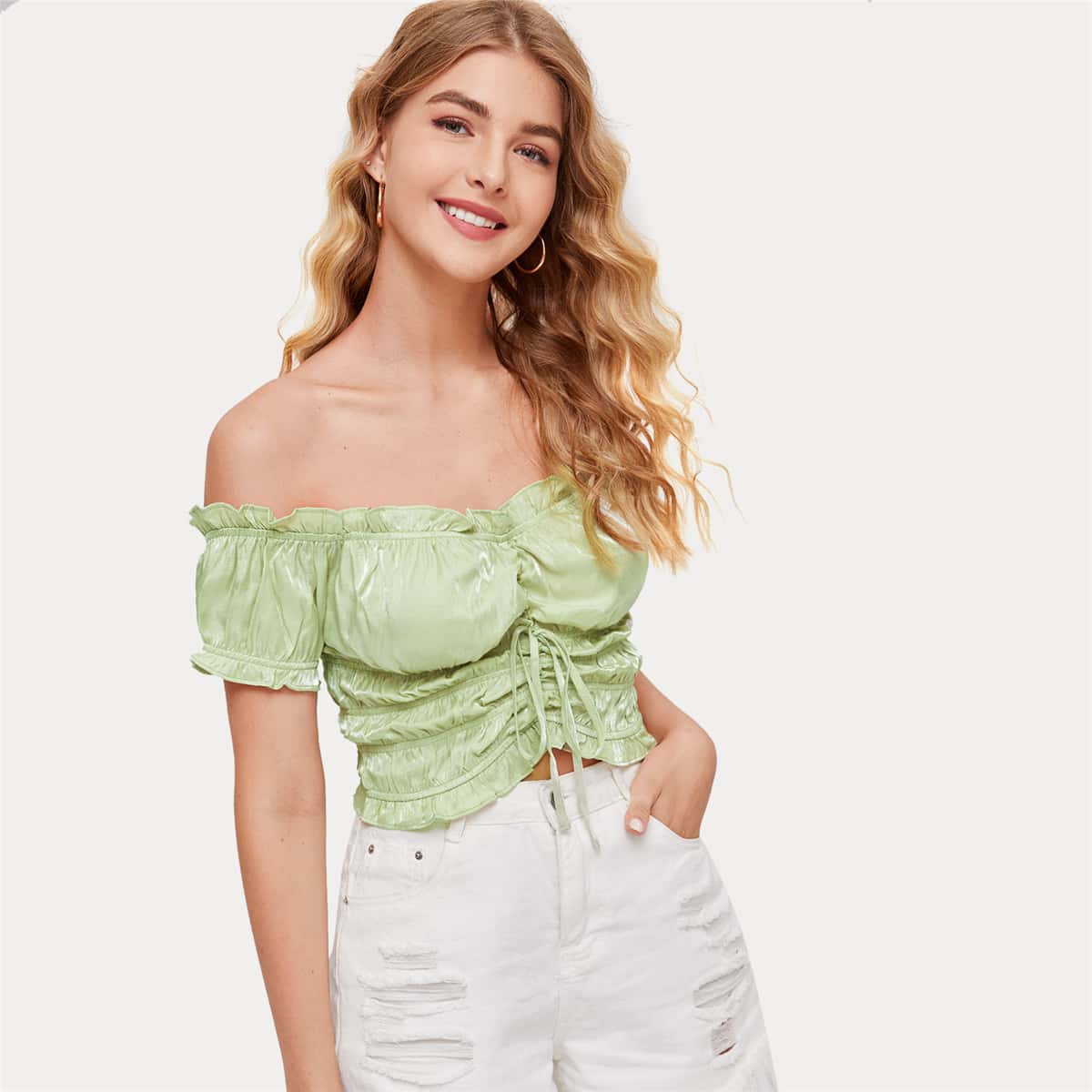 

Off Shoulder Frill Trim Drawstring Top, Lime green