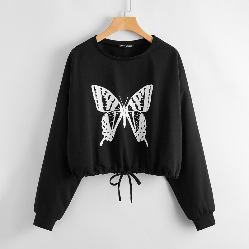 

Drawstring Hem Drop Shoulder Butterfly Print Sweatshirt, Black