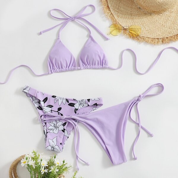 

3pack Floral Triangle Tie Side Bikini Swimsuit, Pastel lilac purple