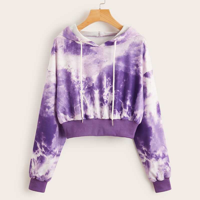 

Tie Dye Drawstring Crop Hoodie, Multicolor