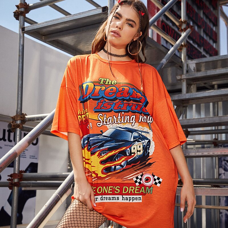 

Slogan and Car Print Drop Shoulder Tee Dress, Orange bright