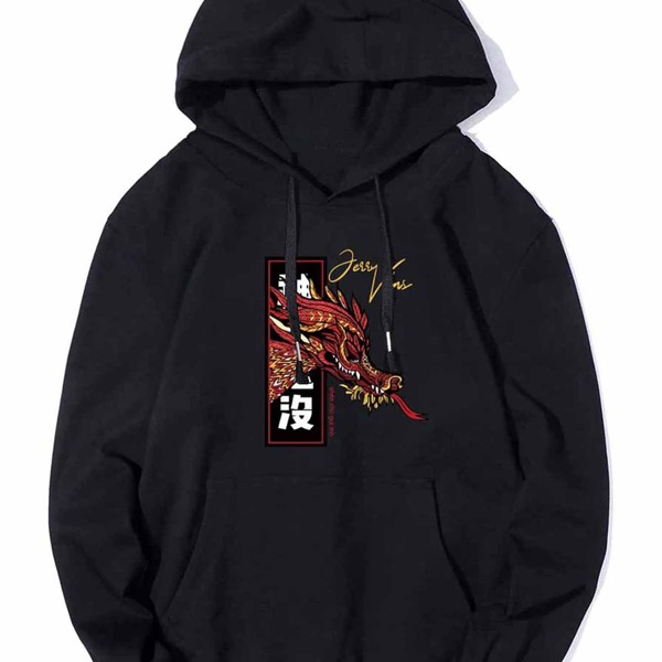 

Men Chinese Dragon & Letter Graphic Hoodie, Black