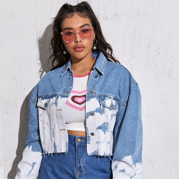 

Plus Color Block Raw Hem Crop Denim Jacket, Multicolor