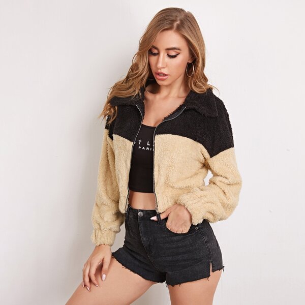 

Collared Zip Up Two Tone Teddy Jacket, Multicolor