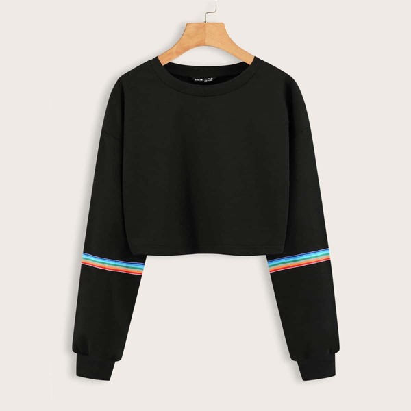 

Rainbow Striped Tape Sleeve Crop Sweatshirt, Black