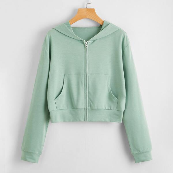 

Zip Up Slant Pocket Hoodie, Mint green