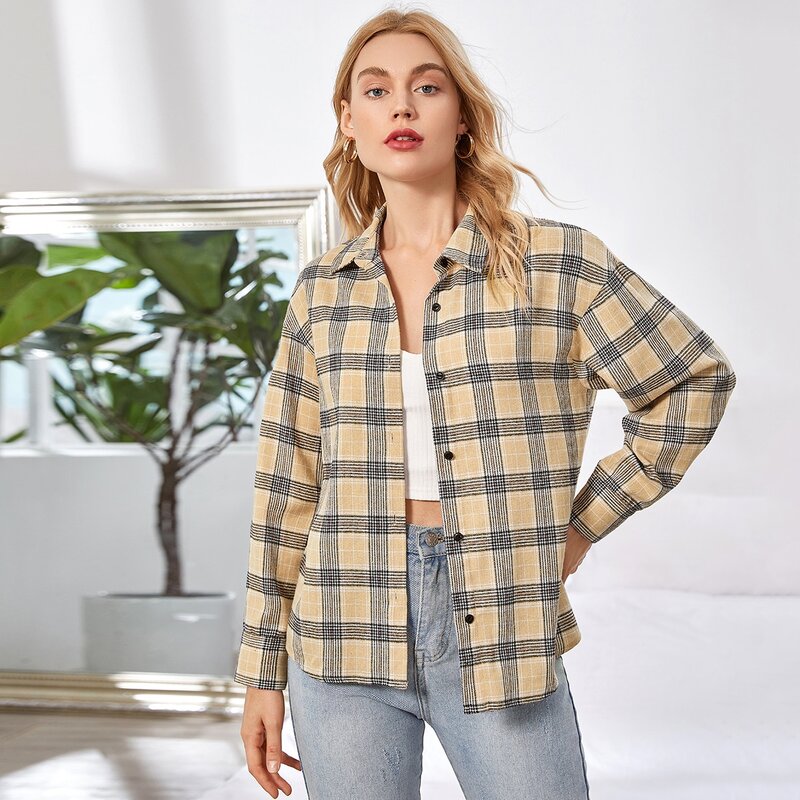 

Plaid Button Up Blouse, Apricot