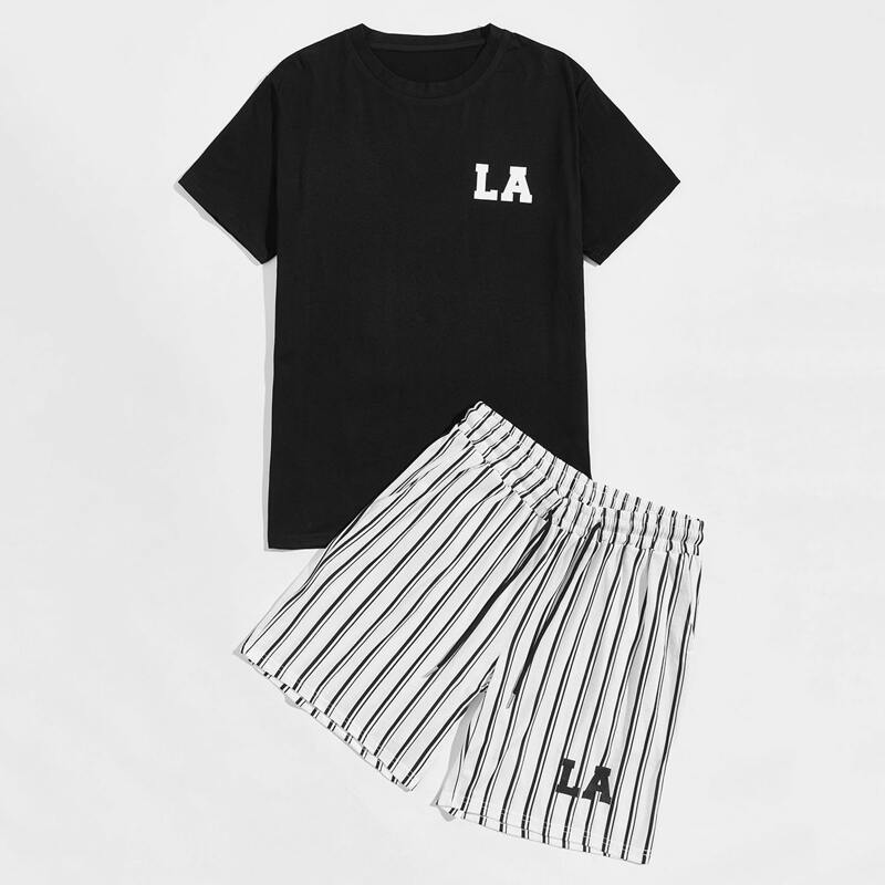 

Guys Letter Graphic Tee & Striped Shorts, Black and white