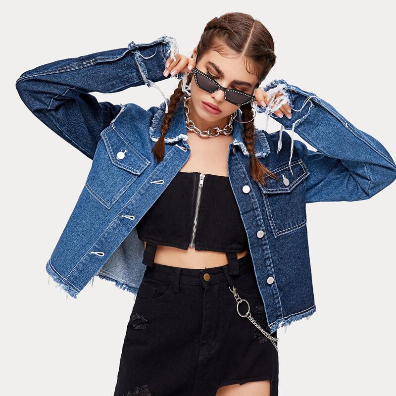 

Two Tone Frayed Trim Denim Jacket, Dark wash