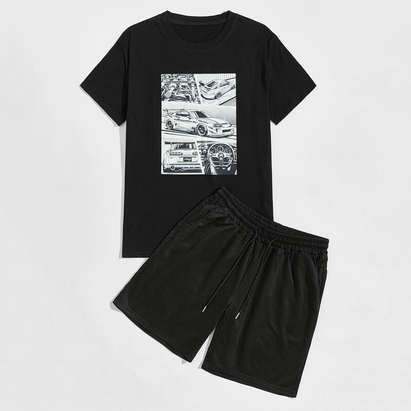

Guys Car Print Tee & Drawstring Shorts, Black