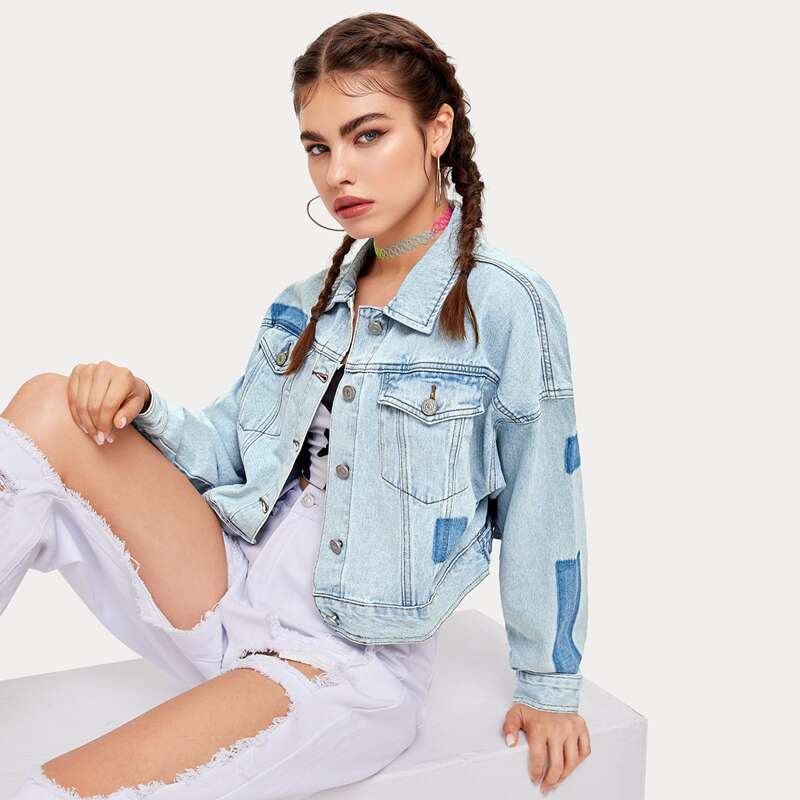 

Flap Pocket Colorblock Crop Denim Jacket, Light wash