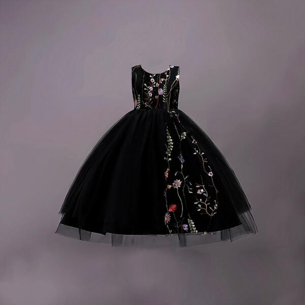 

Girls Tie Back Embroidery Mesh Gown Dress, Black