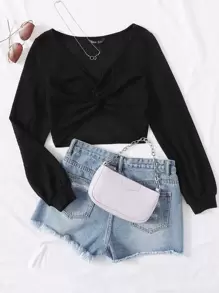 Muchica Twist Front Waffle Knit Top - Black - View 1