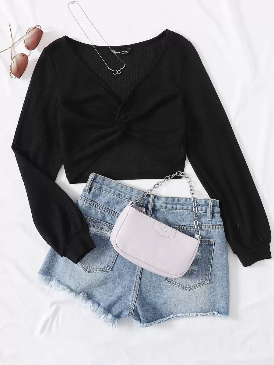 Muchica Twist Front Waffle Knit Top - Black - View 1