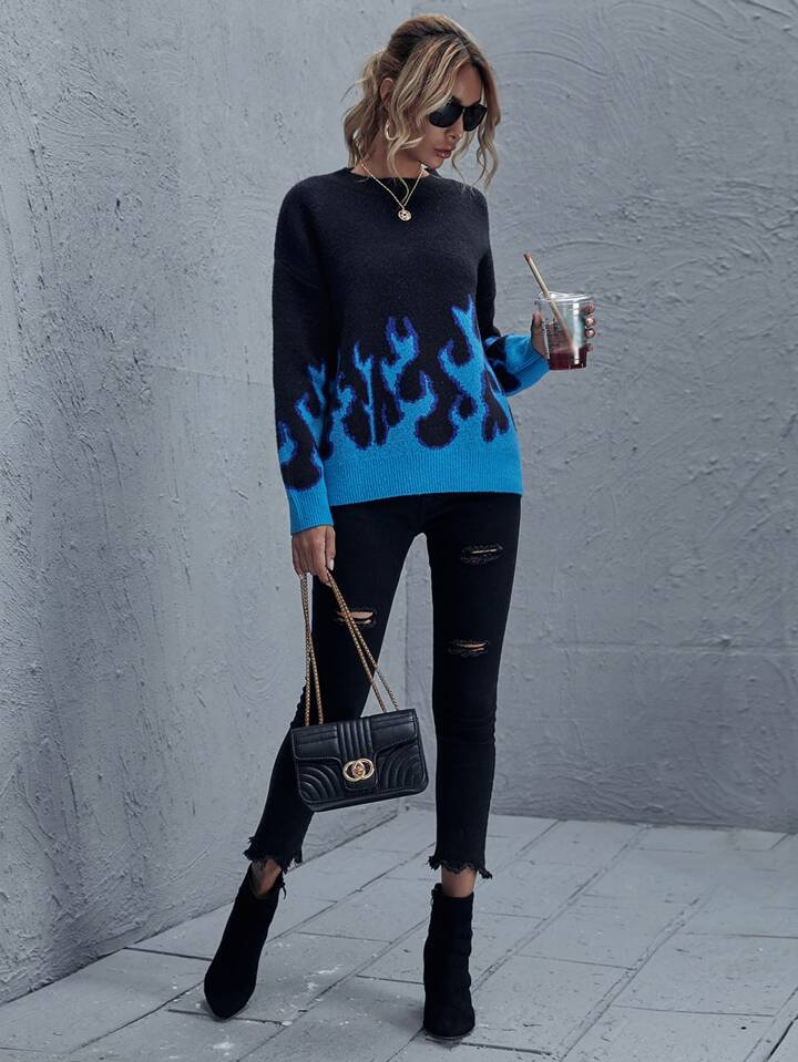 SHEIN プラス 炎パターン ドロップショルダー セーター SHEIN プラス 炎パターン ドロップショルダー セーター