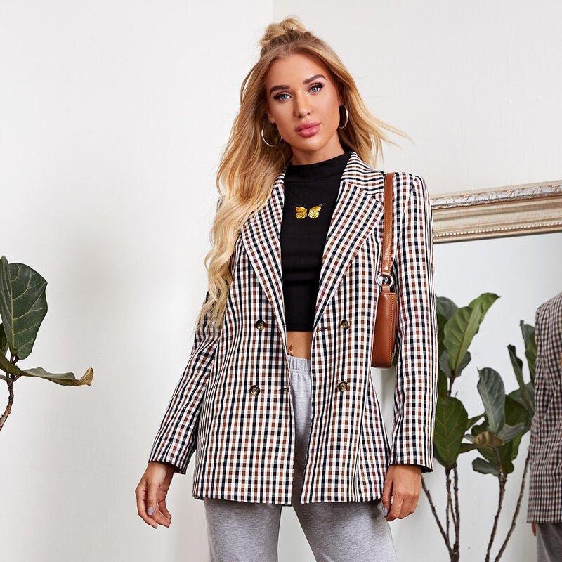 

Notched Collar Double Breasted Plaid Blazer, Multicolor