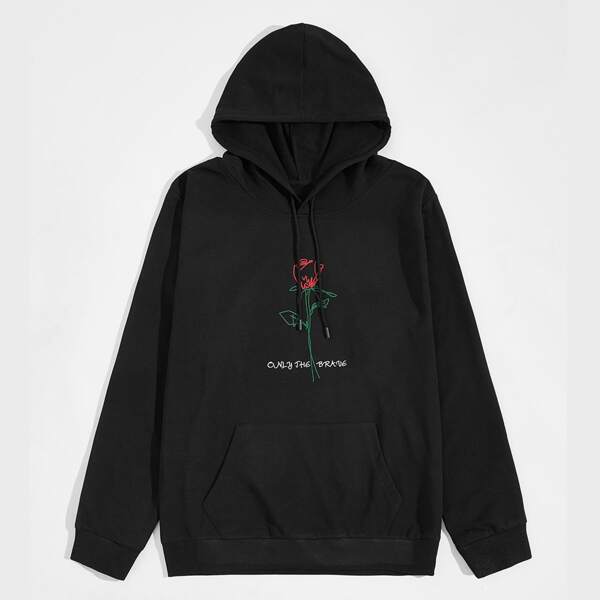 

Men Floral And Slogan Graphic Hoodie, Black