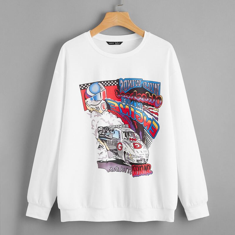 

Drop Shoulder Car & Letter Graphic Pullover, White