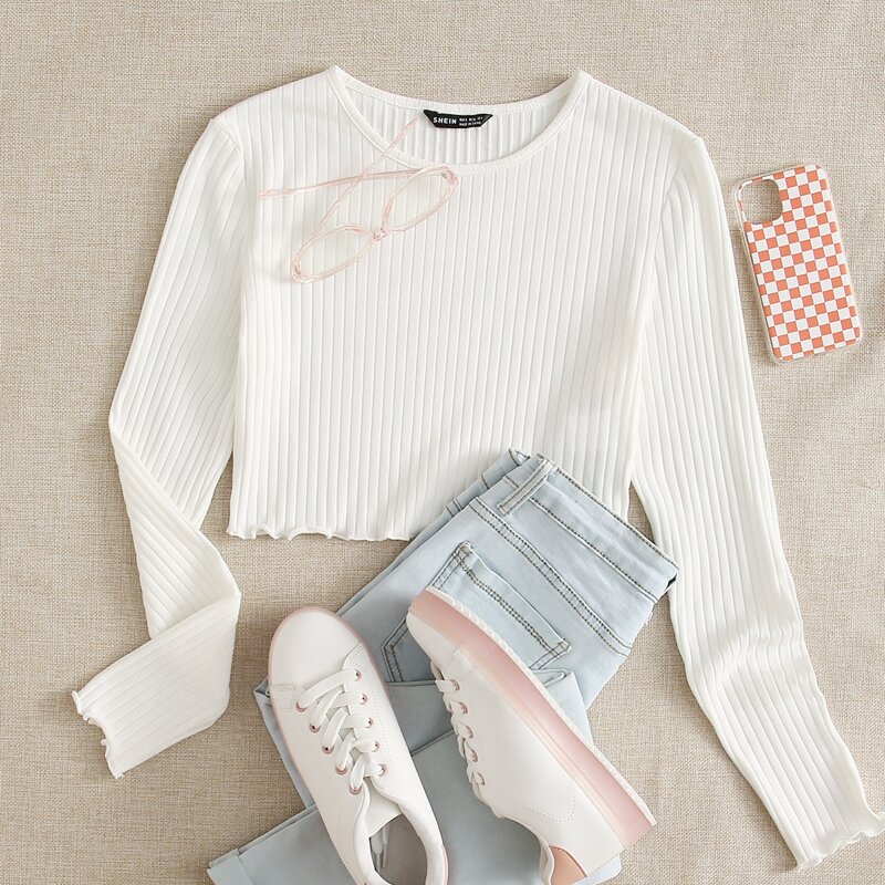 Lettuce Edge Rib-knit Tee, White