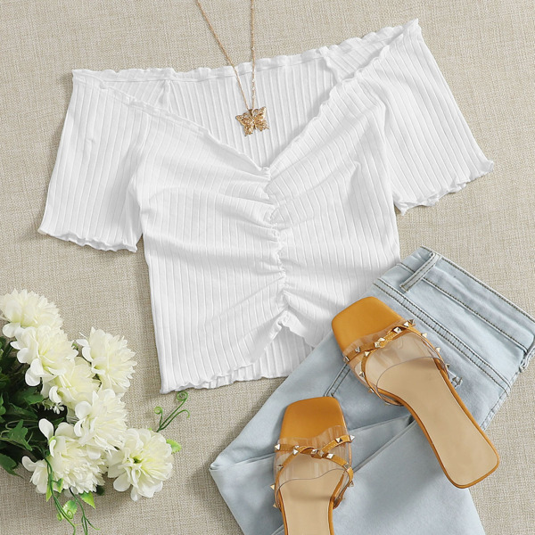

Lettuce Trim Ruched Rib-knit Top, White