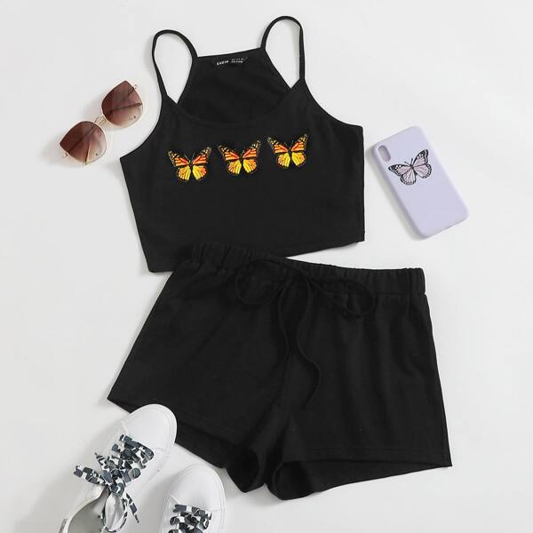 

Butterfly Print Cami Top & Track Shorts Set, Black